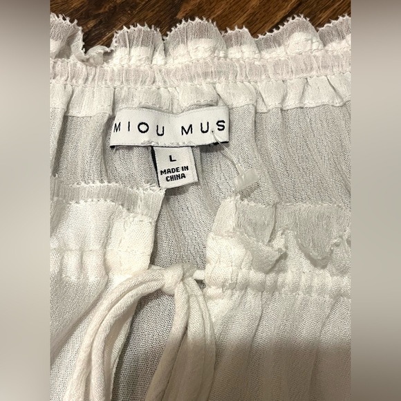 Miou Muse White Peasant Top Blouse Drawstring Neck L NEW - Picture 7 of 7